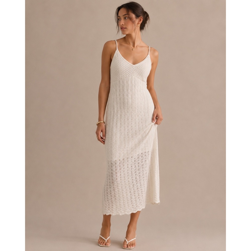 Hollister‎ Crochet Maxi Dress Cream White Pointelle Knit V-Neck NWT L Regular
